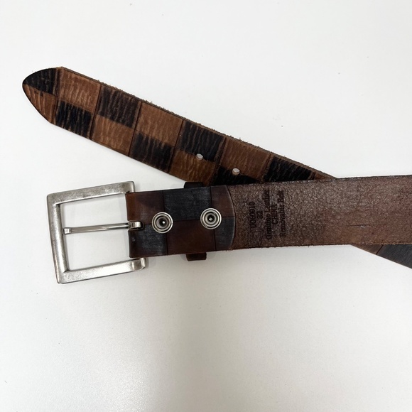 Vintage Brown Leather Distressed Checkerboard Belt Silver Buckle Genuine Leather main image 5